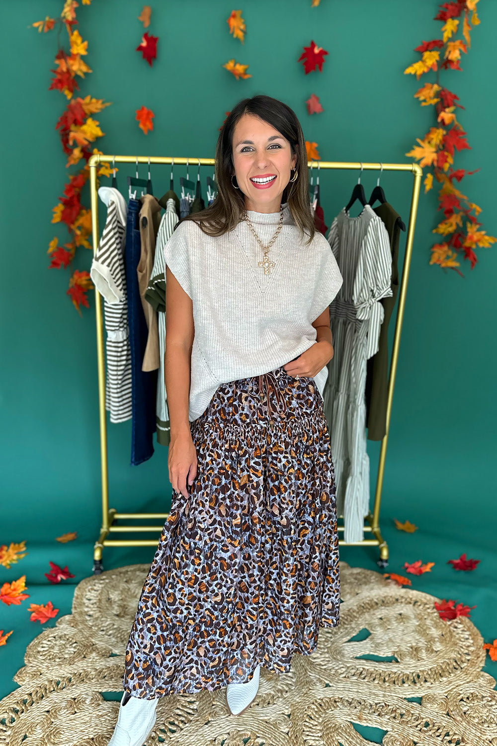 Leopard Print Tiered Midi Skirt