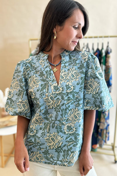 Light Blue Floral Printed SS Blouse
