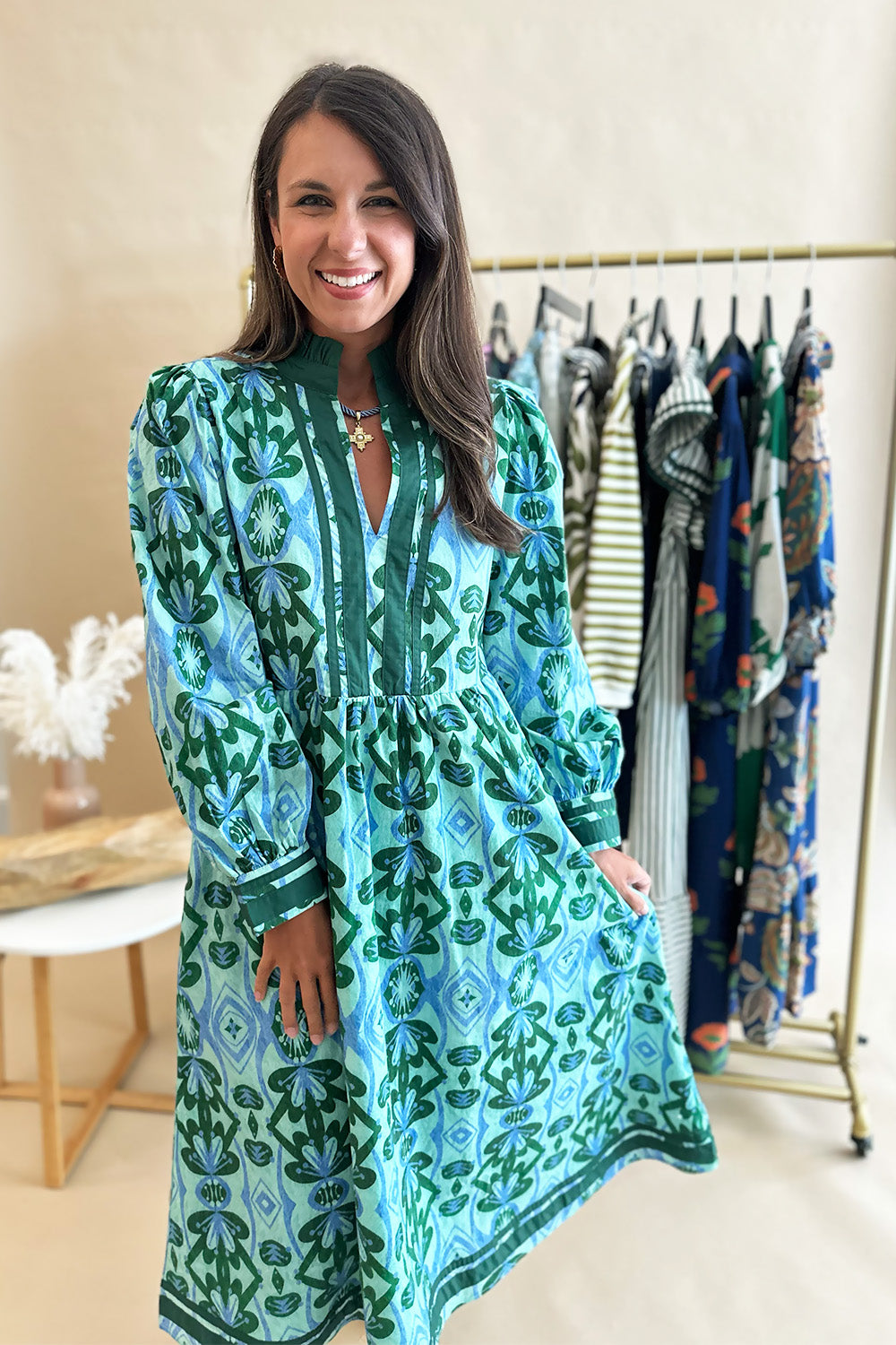 Green and Blue Printed Ruffle Neck Dress