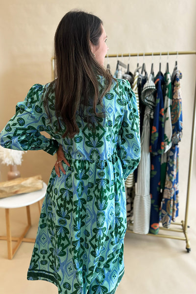 Green and Blue Printed Ruffle Neck Dress