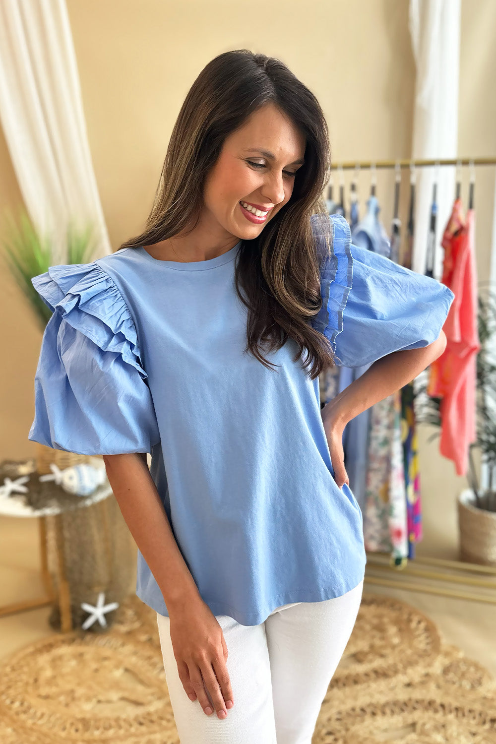 Light Blue Puff Short Sleeve Top