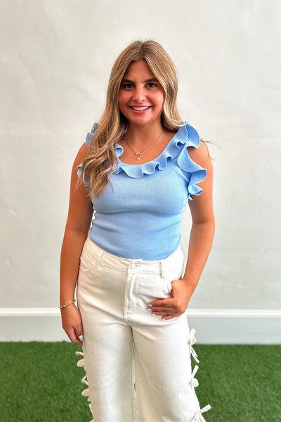 Ruffle Neckline Ribbed Tank Light Blue