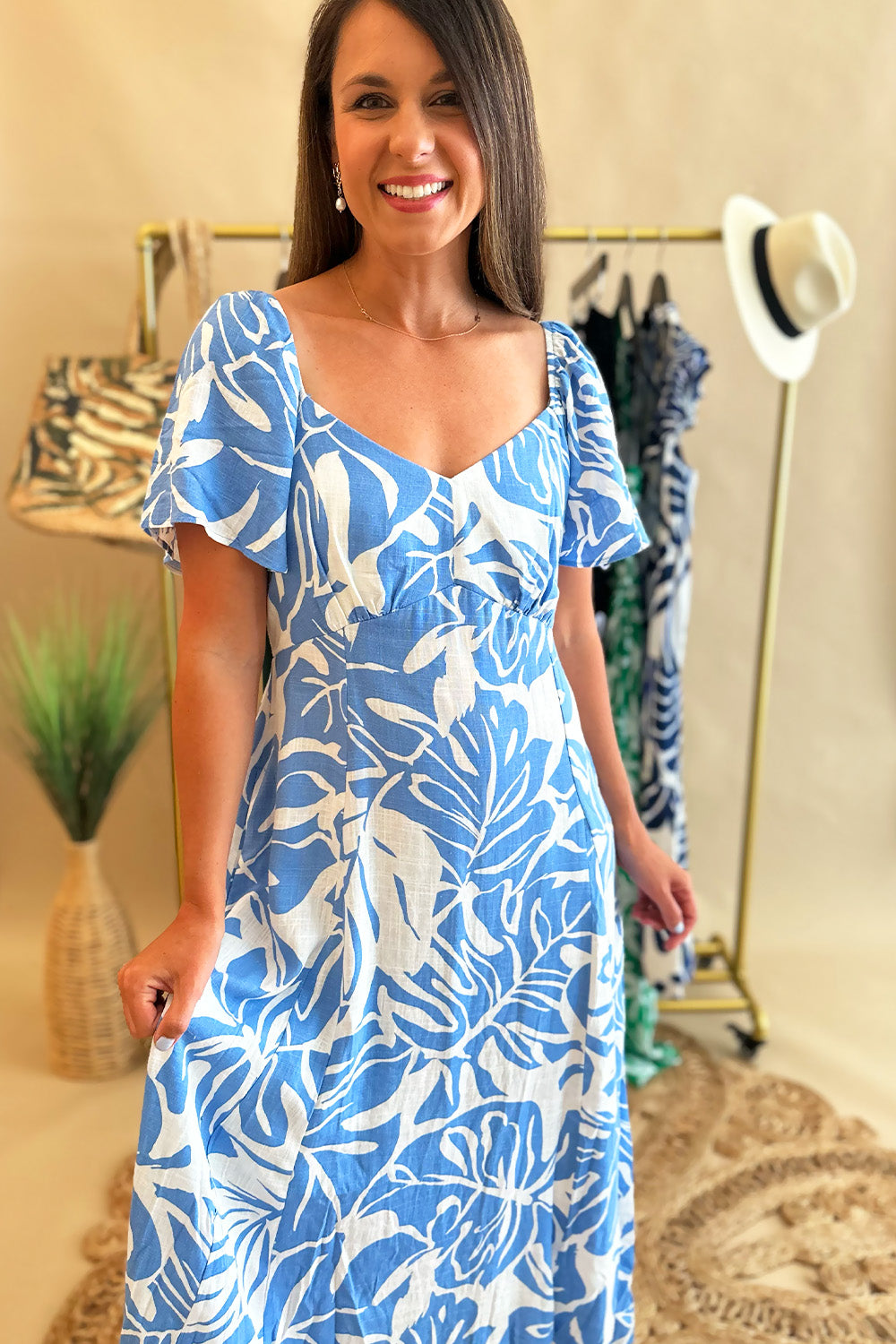 Light Blue and White Printed Sweetheart Dress