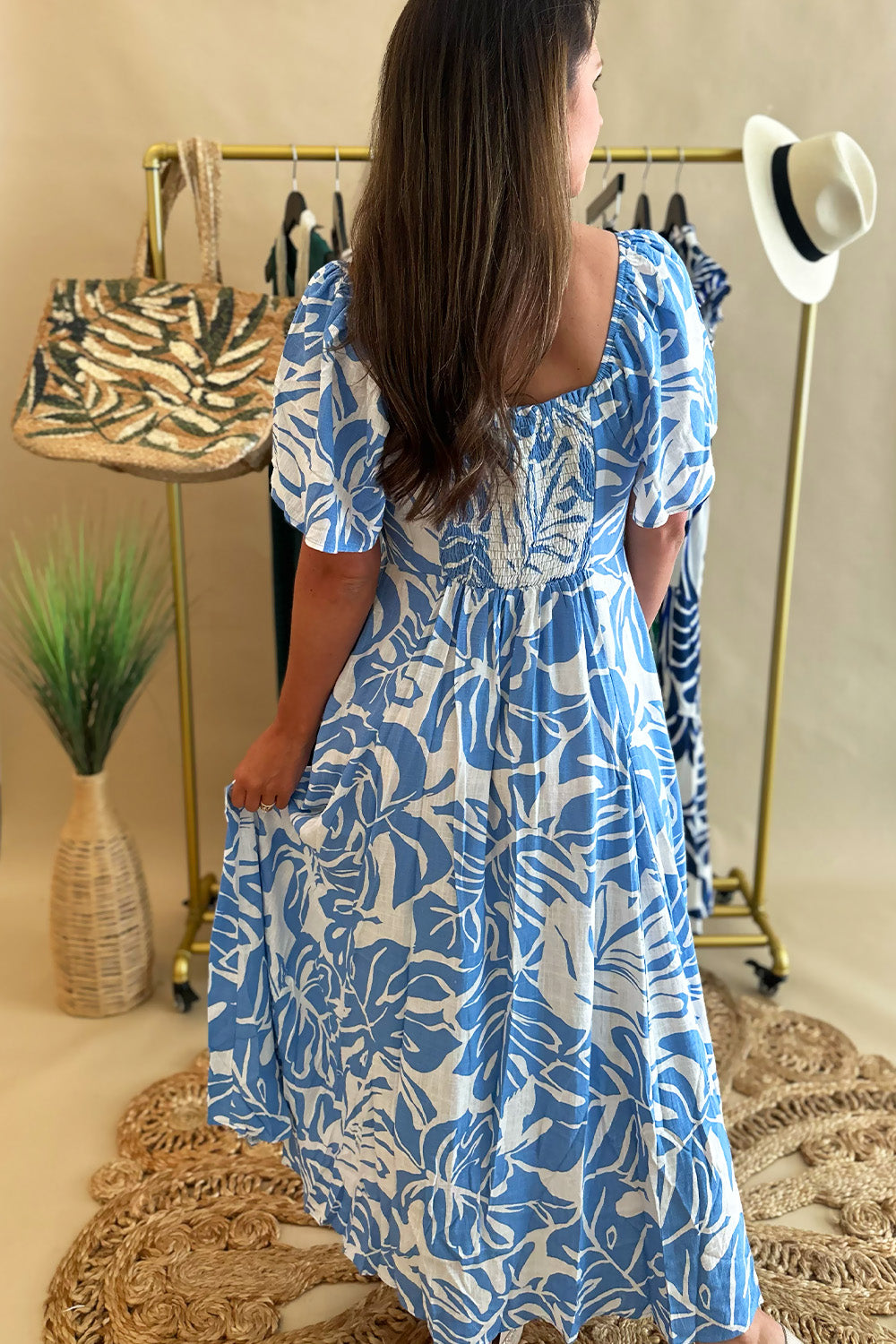 Light Blue and White Printed Sweetheart Dress