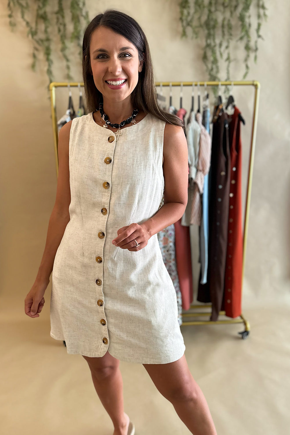 Oatmeal Linen Button Front Dress