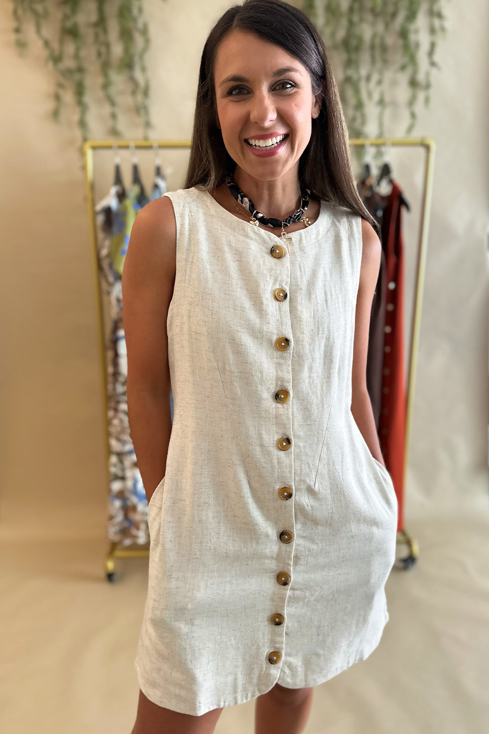 Oatmeal Linen Button Front Dress