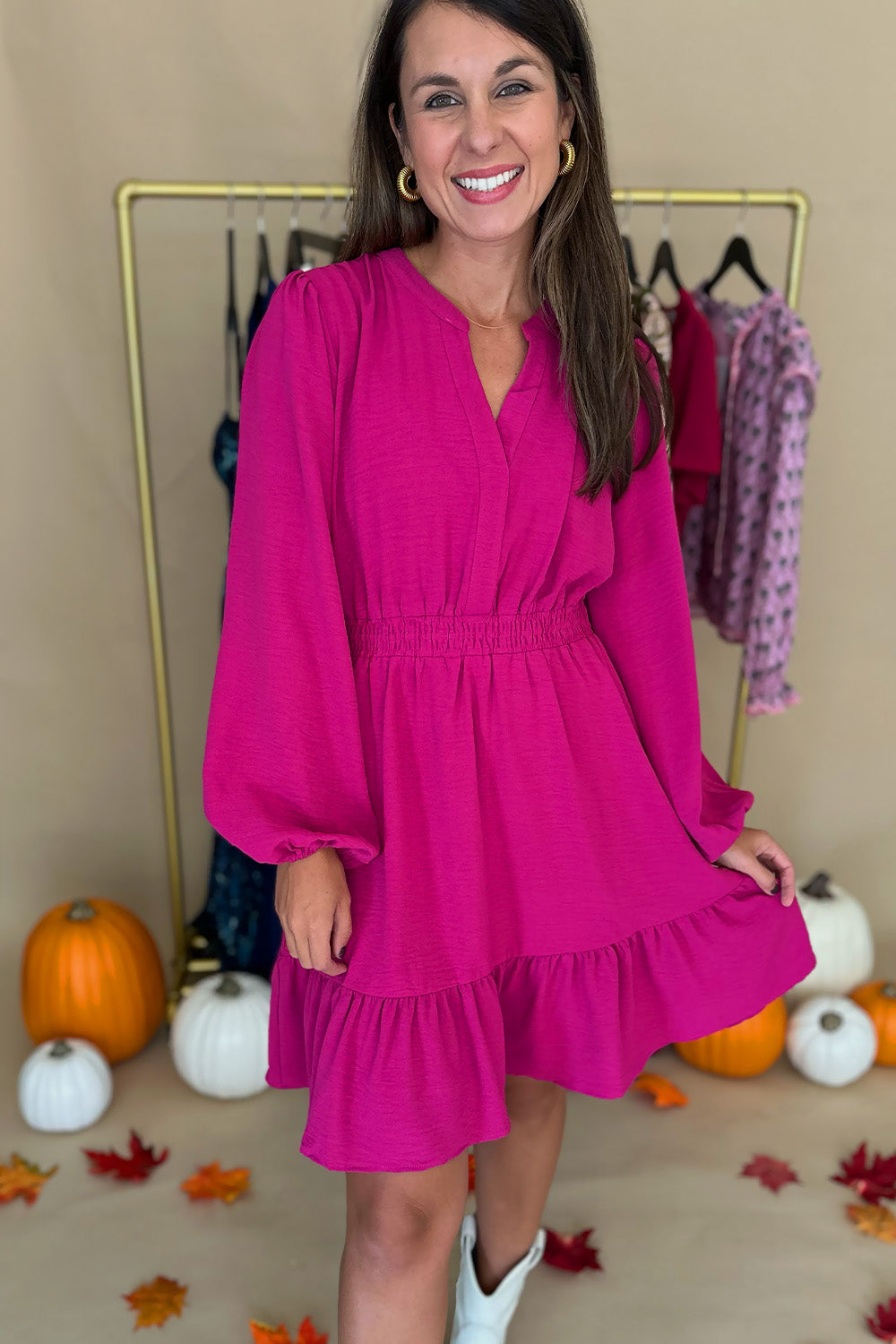 Berry LS Elastic Waist Dress