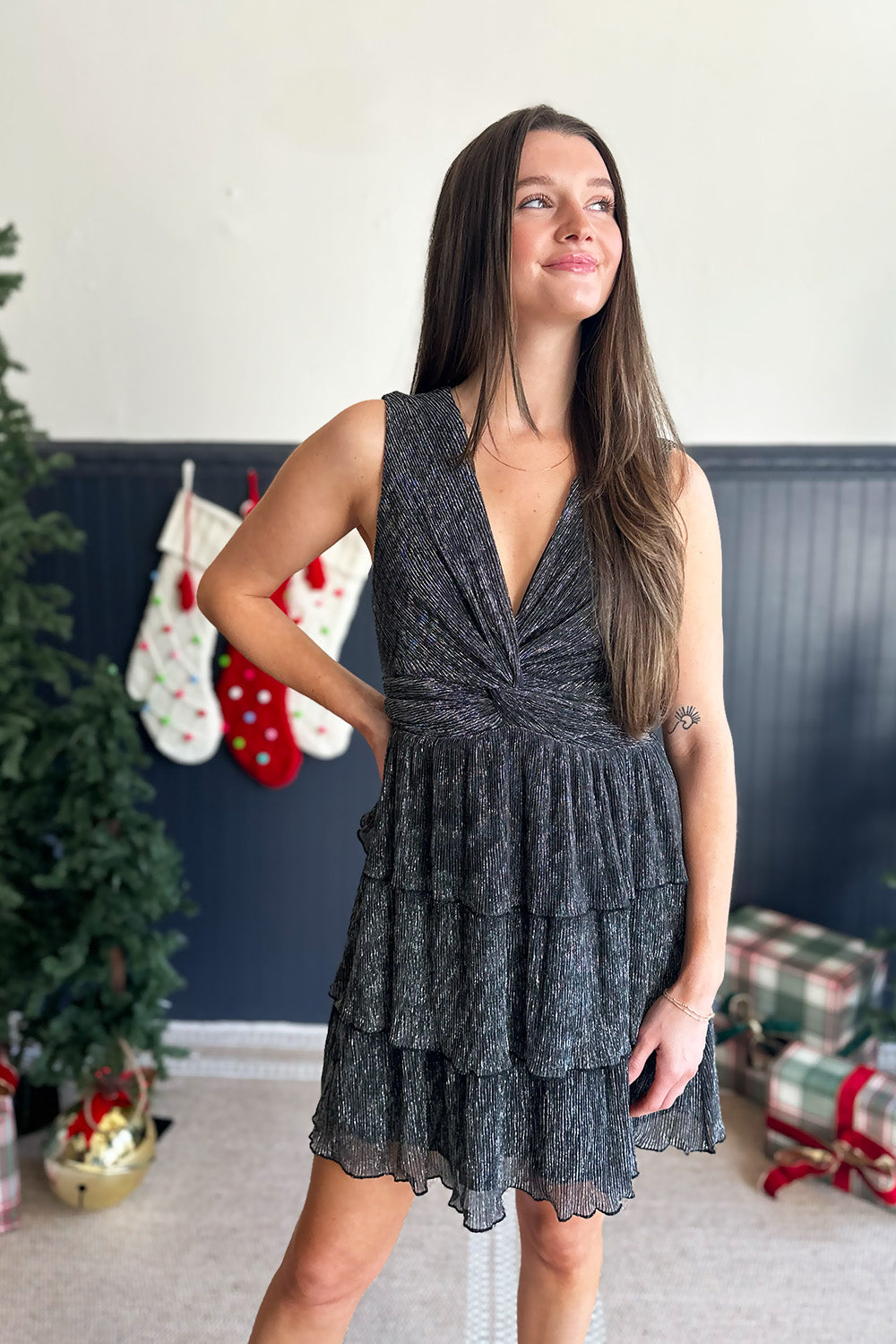 Silver Metallic Twist Vneck Dress