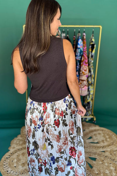 Olive Top Floral Pleated Bottom Midi