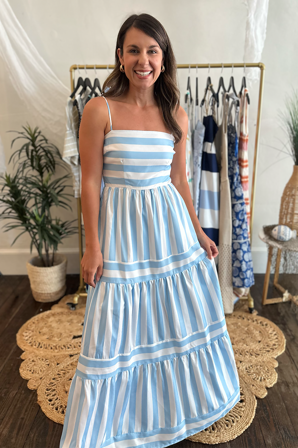 spaghetti strap midi summer dress Striped Spaghetti Strap Midi Dress Blue & White
