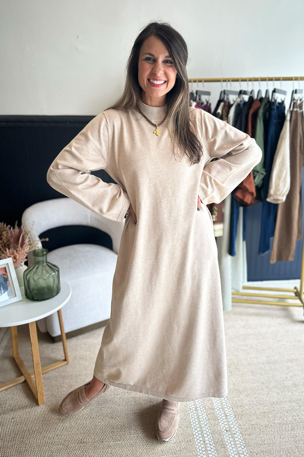 Mock Neck LS Sweater Dress Sand