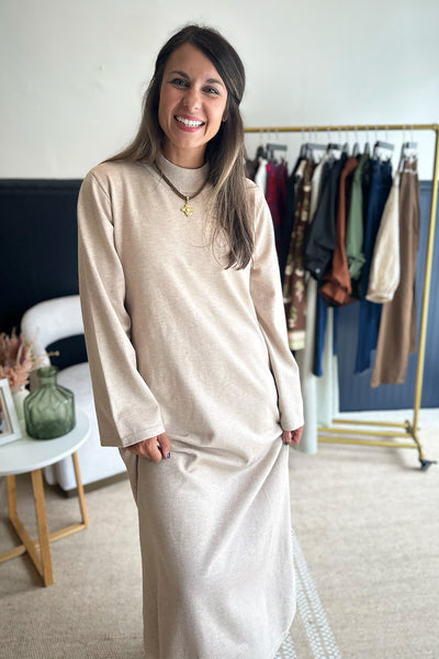 Mock Neck LS Sweater Dress Sand