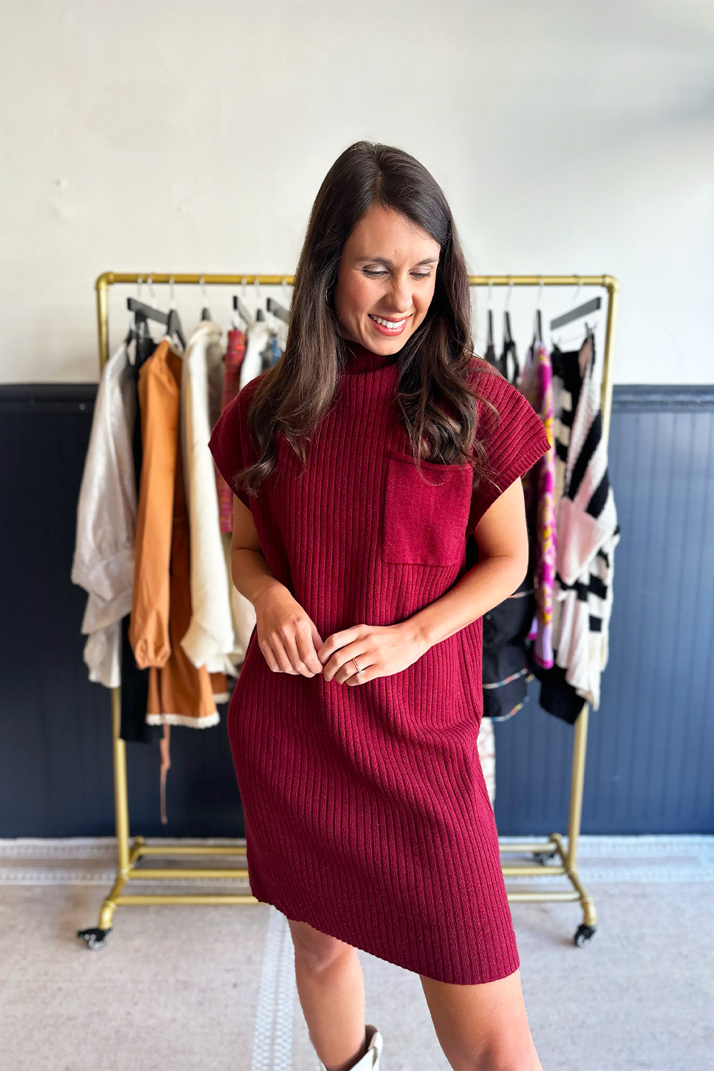 Ribbed Mock Neck Sweater Dress Wine