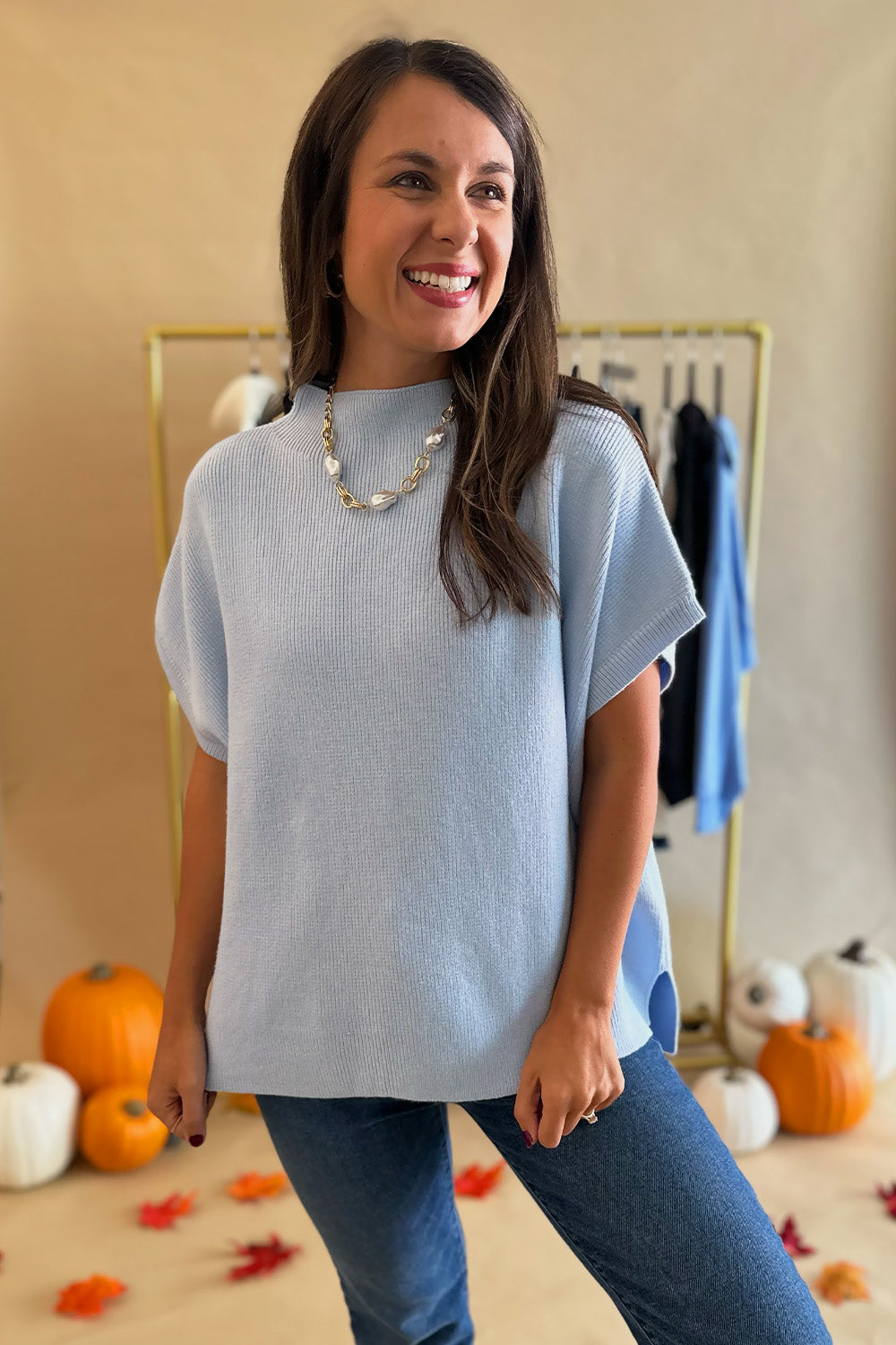 Solid SS Mock Neck Sweater Blue