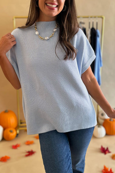 Solid SS Mock Neck Sweater Blue