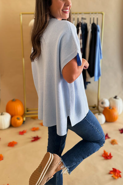 Solid SS Mock Neck Sweater Blue