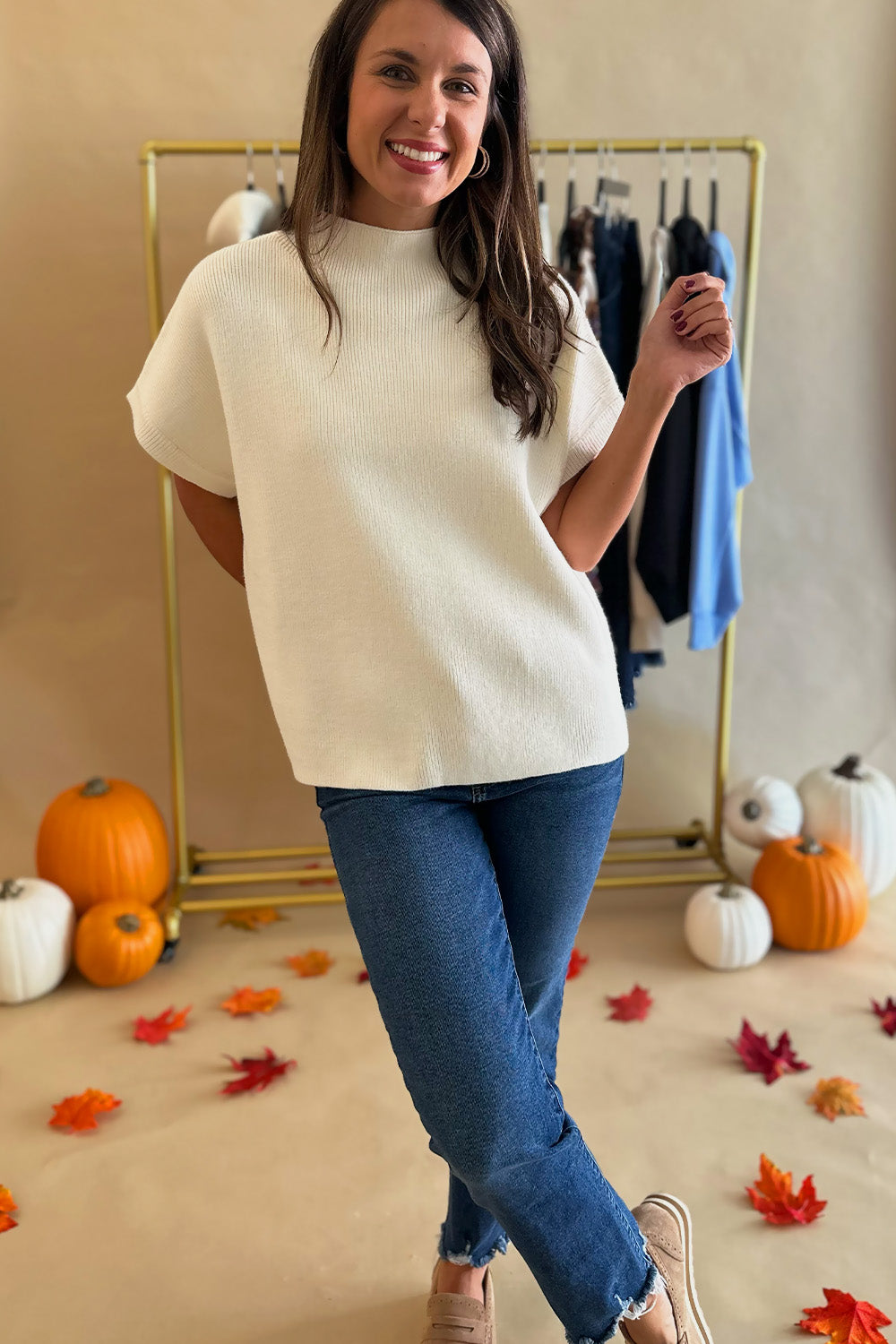Solid SS Mock Neck Sweater Ivory