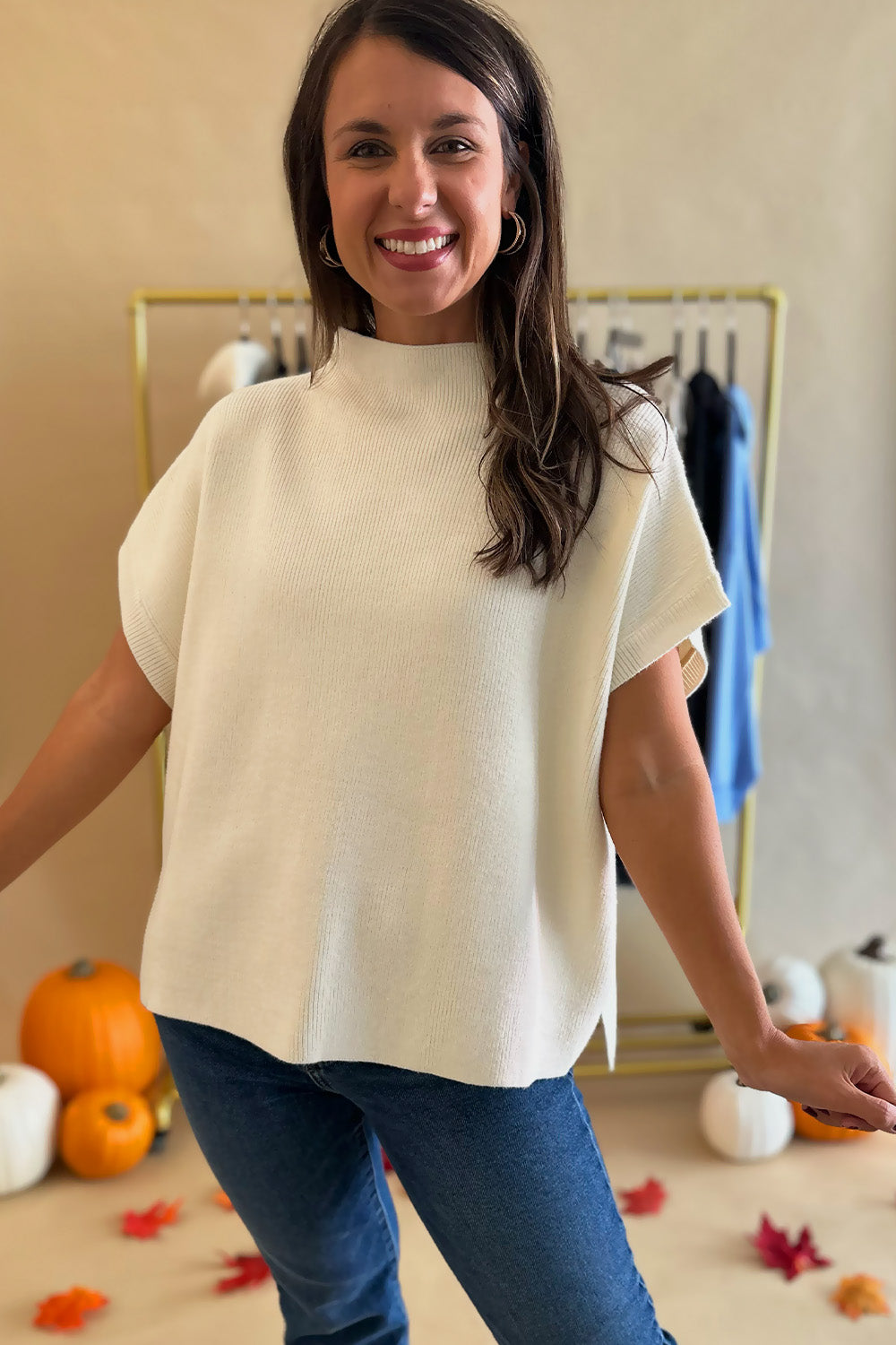 Solid SS Mock Neck Sweater Ivory