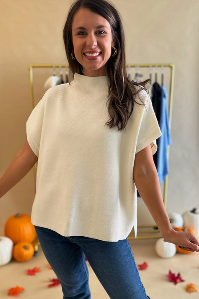 Solid SS Mock Neck Sweater Ivory