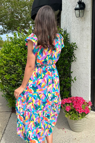 Multi Color Flutter Sleeve Midi Dress