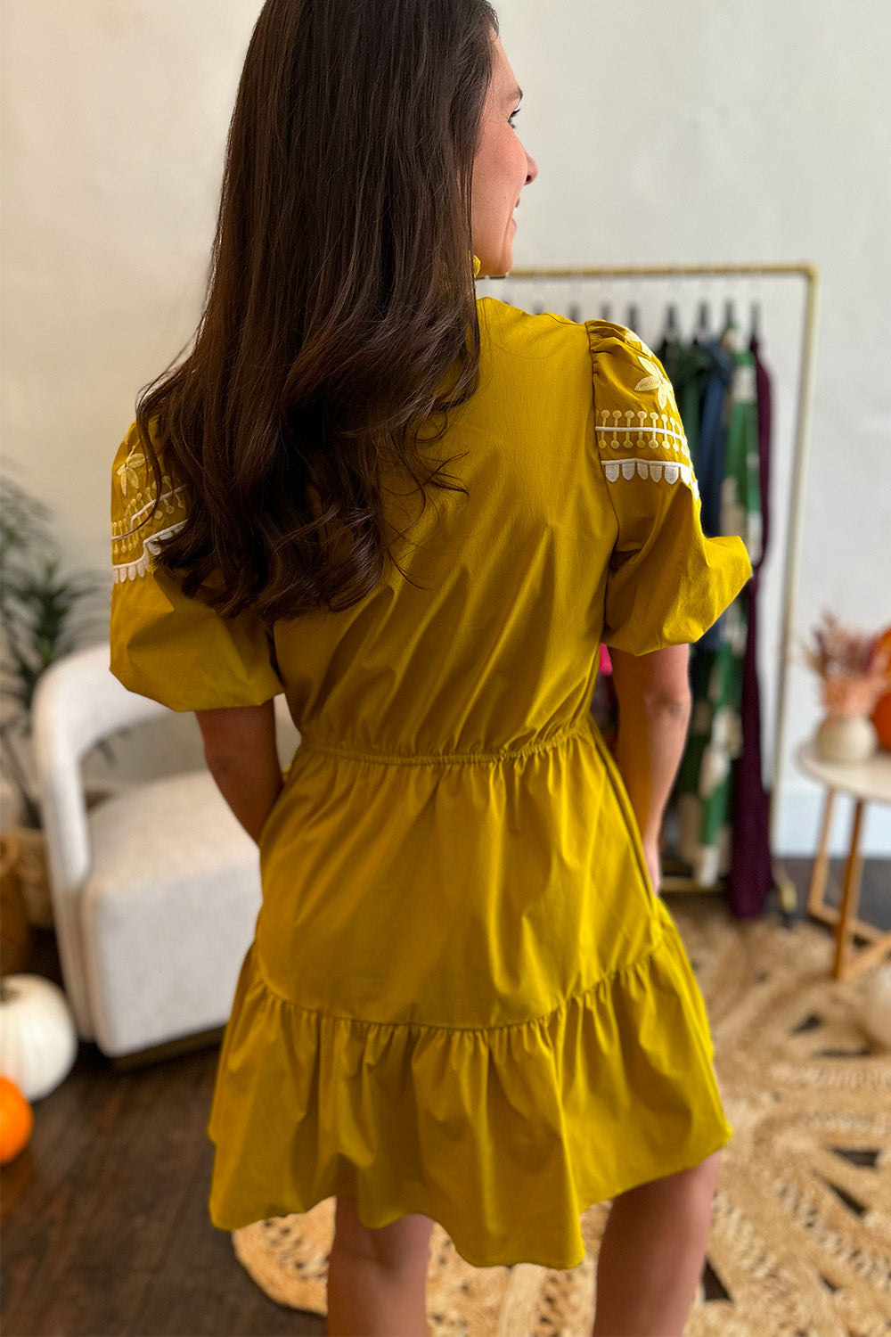 Mustard Embroidered Puff Sleeve Dress