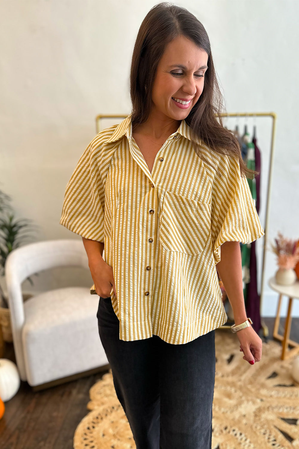 Mustard Stripe Button Down Top