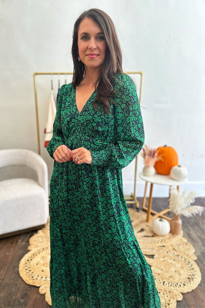 Green and Navy Floral LS Maxi Dress