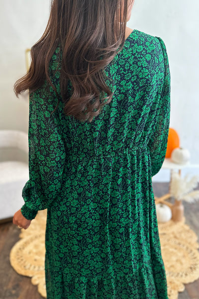 Green and Navy Floral LS Maxi Dress