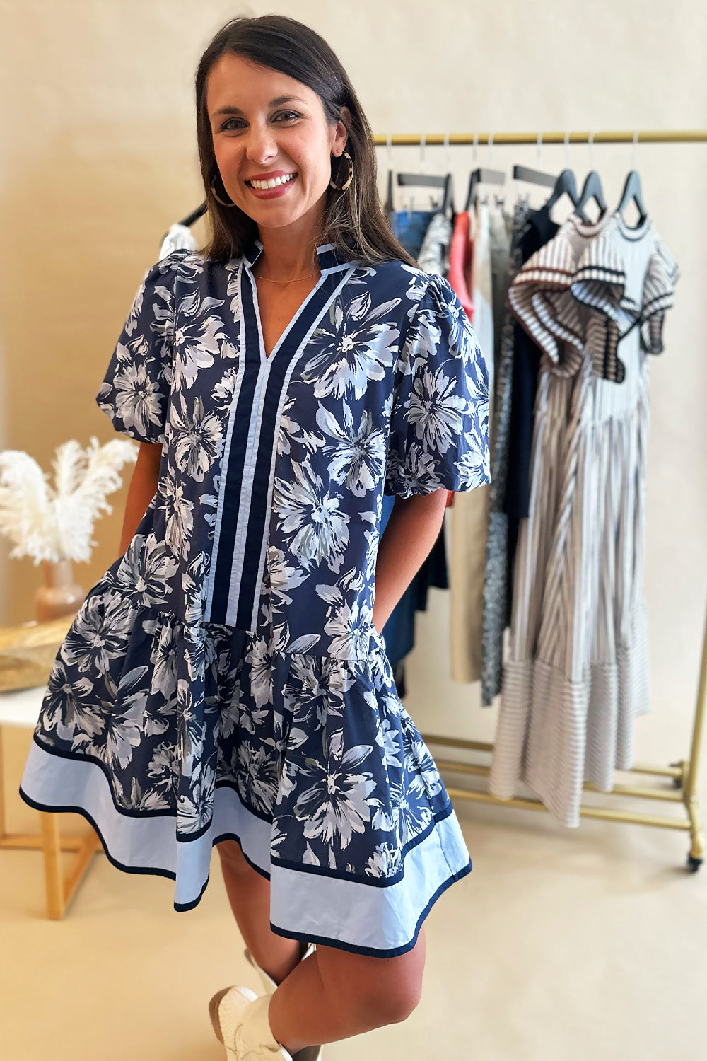 Navy Floral Stripe Trim Dress
