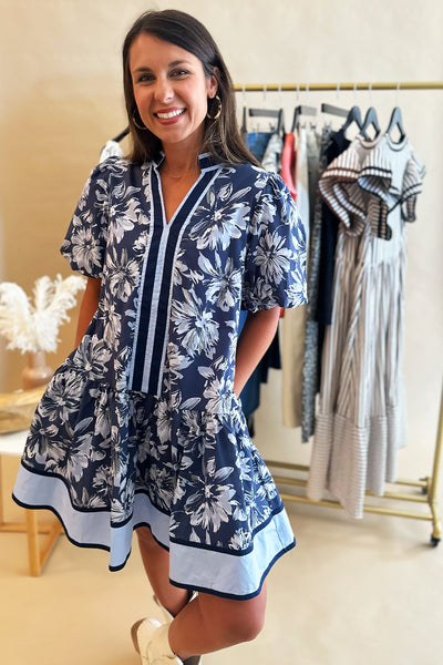 Navy Floral Stripe Trim Dress
