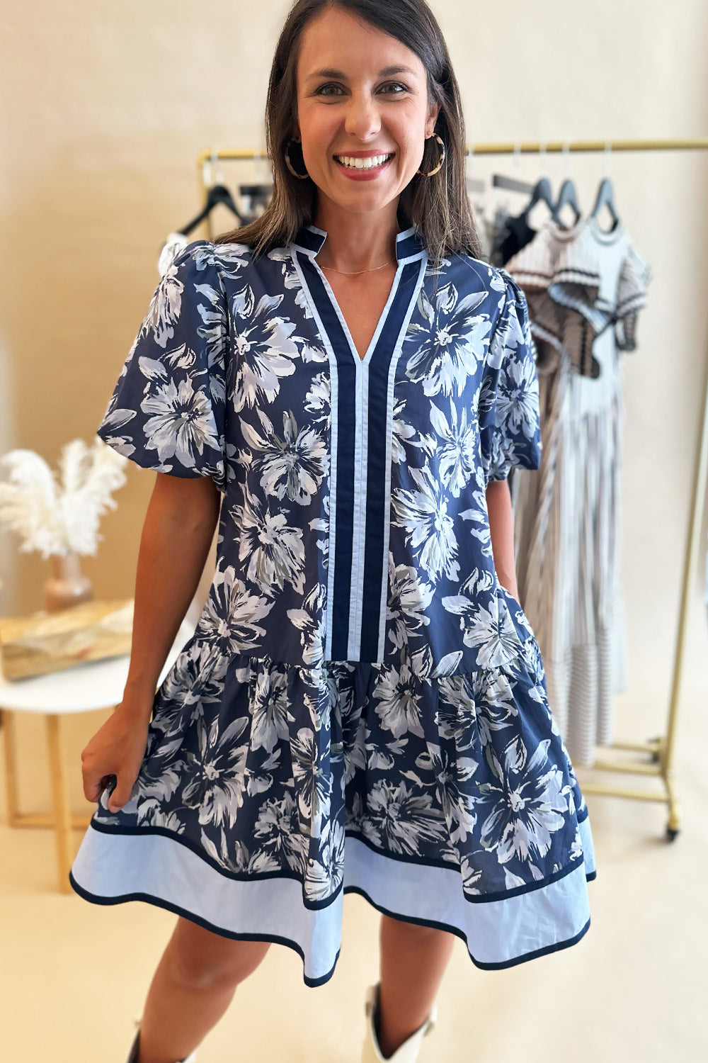Navy Floral Stripe Trim Dress