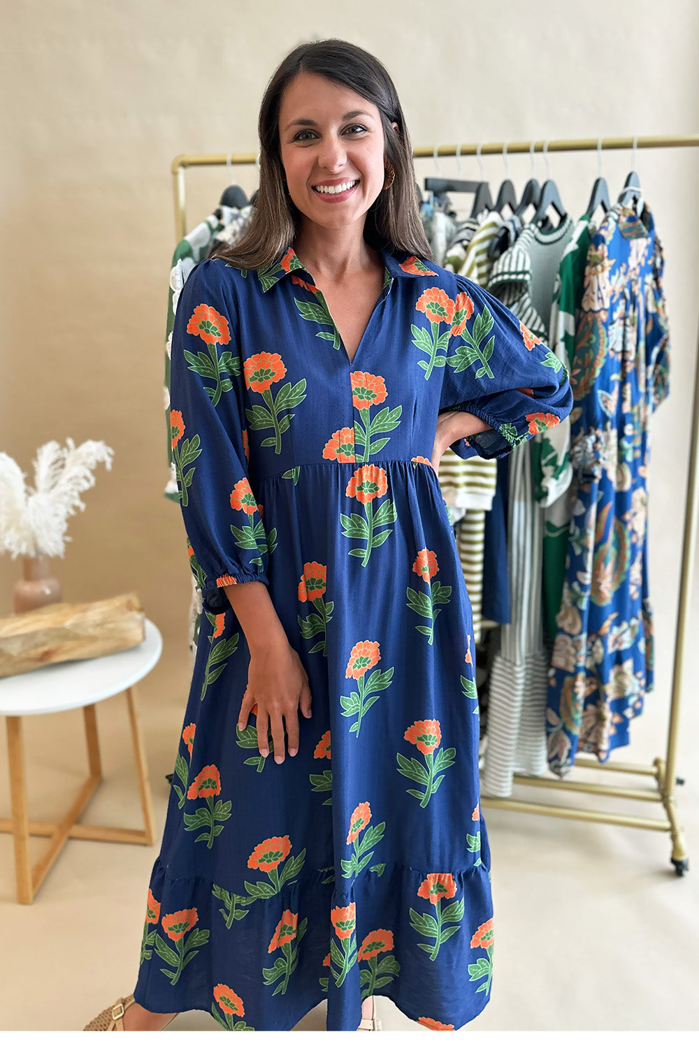Navy Floral Print Collared 3/4 Sleeve Midi
