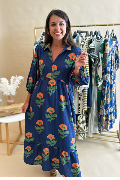 Navy Floral Print Collared 3/4 Sleeve Midi