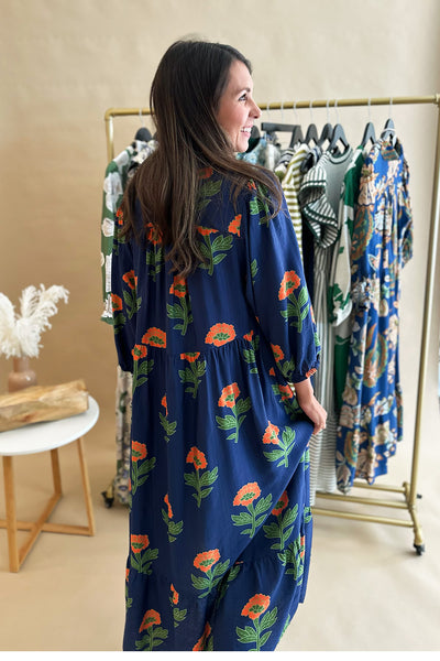 Navy Floral Print Collared 3/4 Sleeve Midi