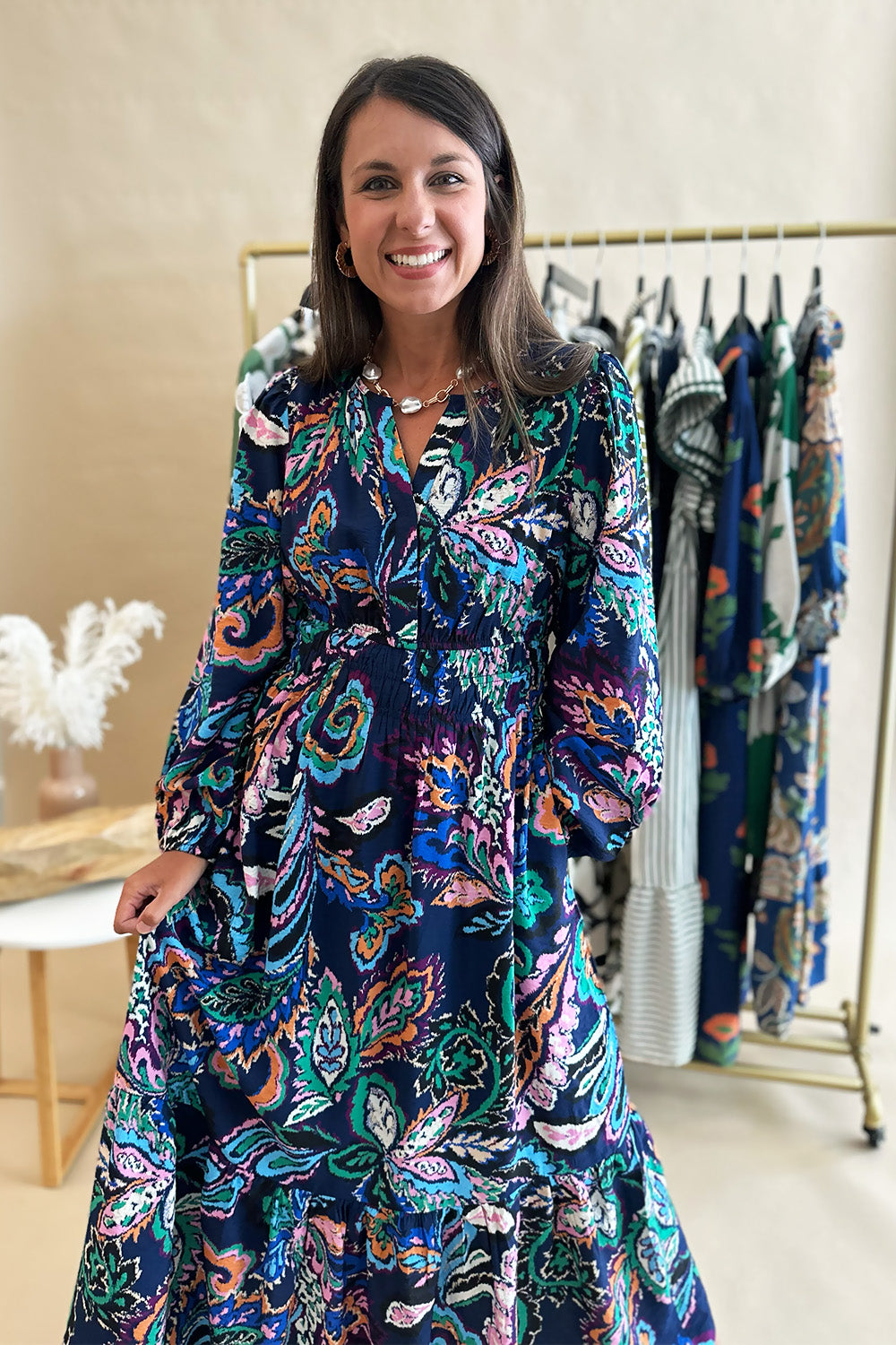 Navy Multi Color LS Midi Dress