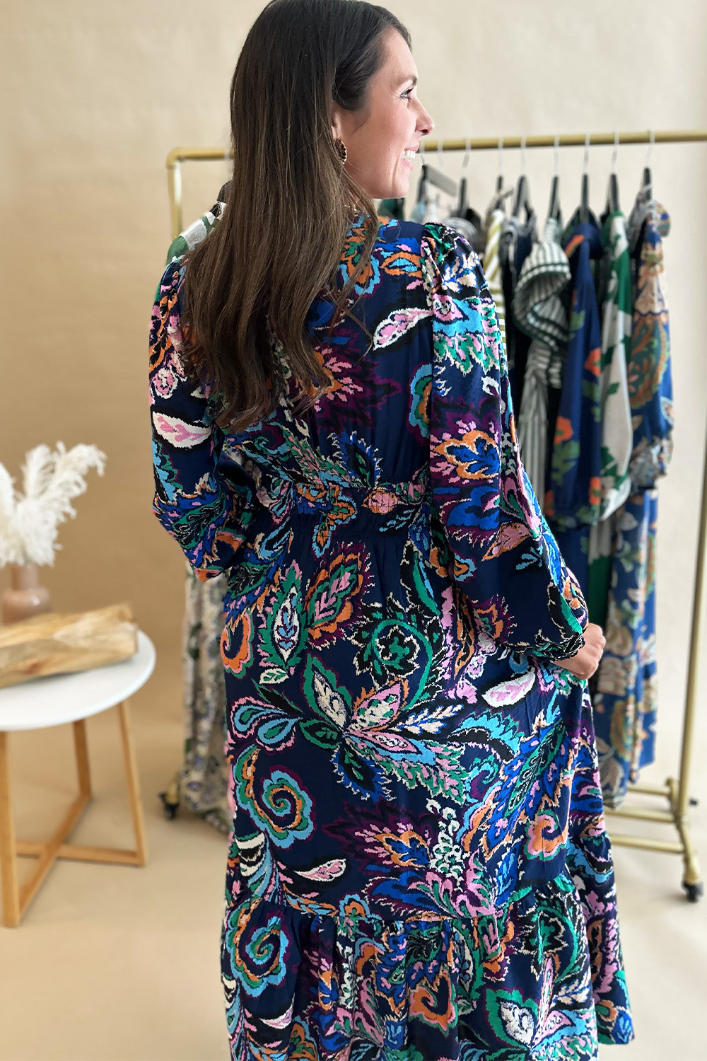 Navy Multi Color LS Midi Dress