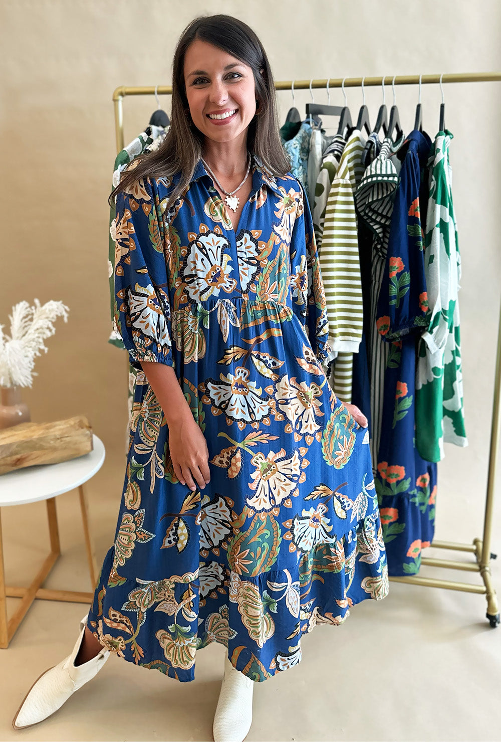 Navy Floral Paisley Collared Midi Dress