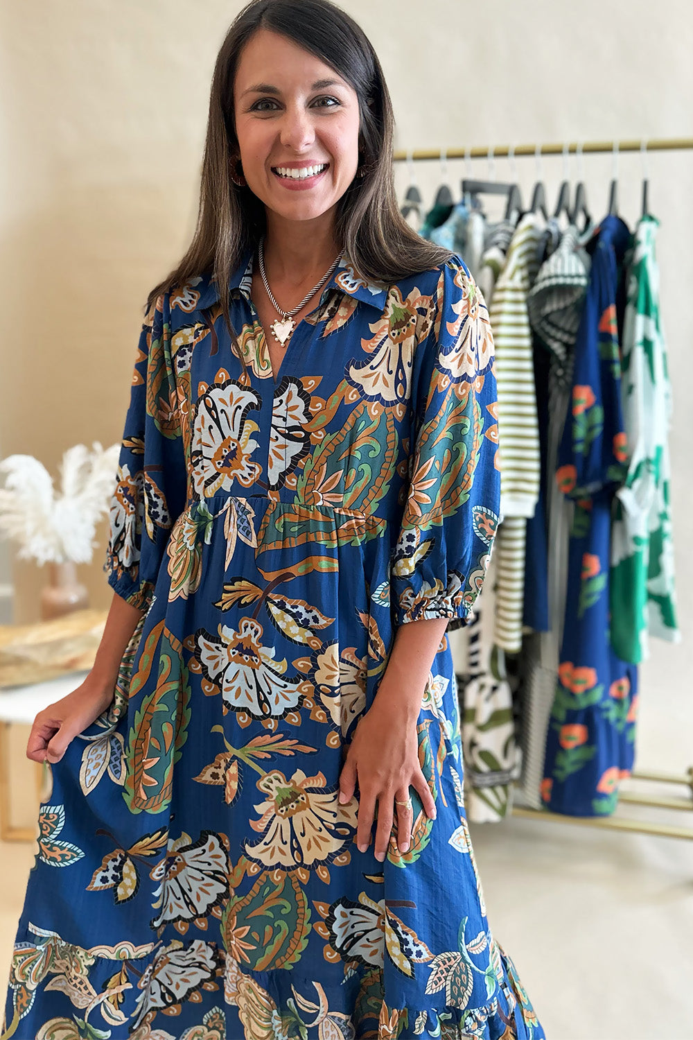 Navy Floral Paisley Collared Midi Dress