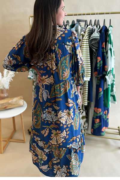 Navy Floral Paisley Collared Midi Dress