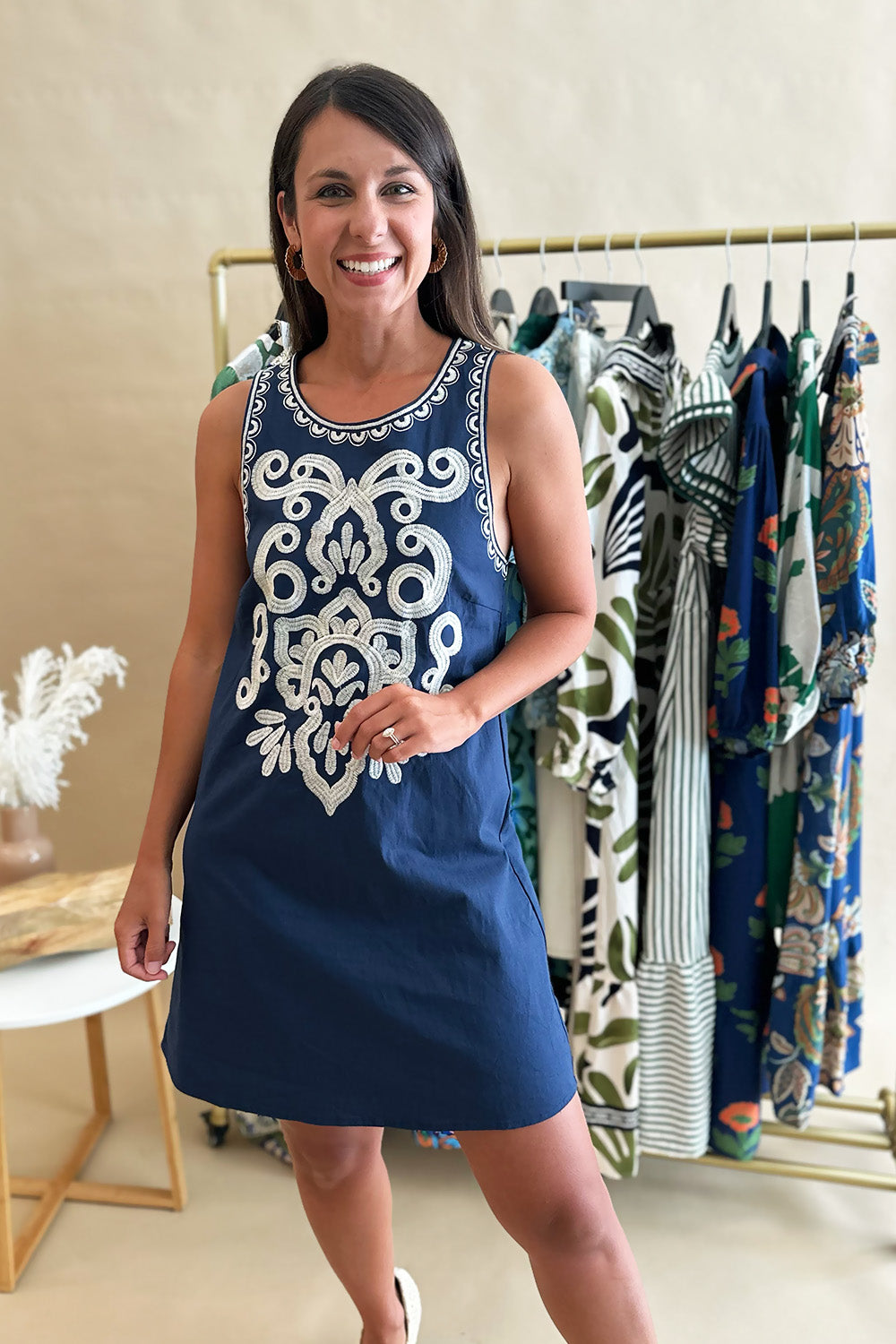 Navy Embroidered Sleeveless Dress