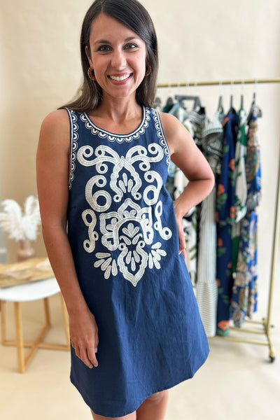 Navy Embroidered Sleeveless Dress
