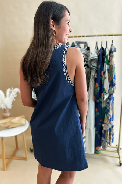 Navy Embroidered Sleeveless Dress
