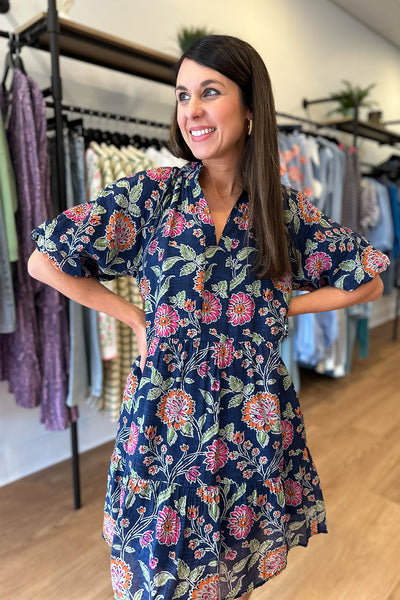 Navy Orange and Pink Floral SS Dress