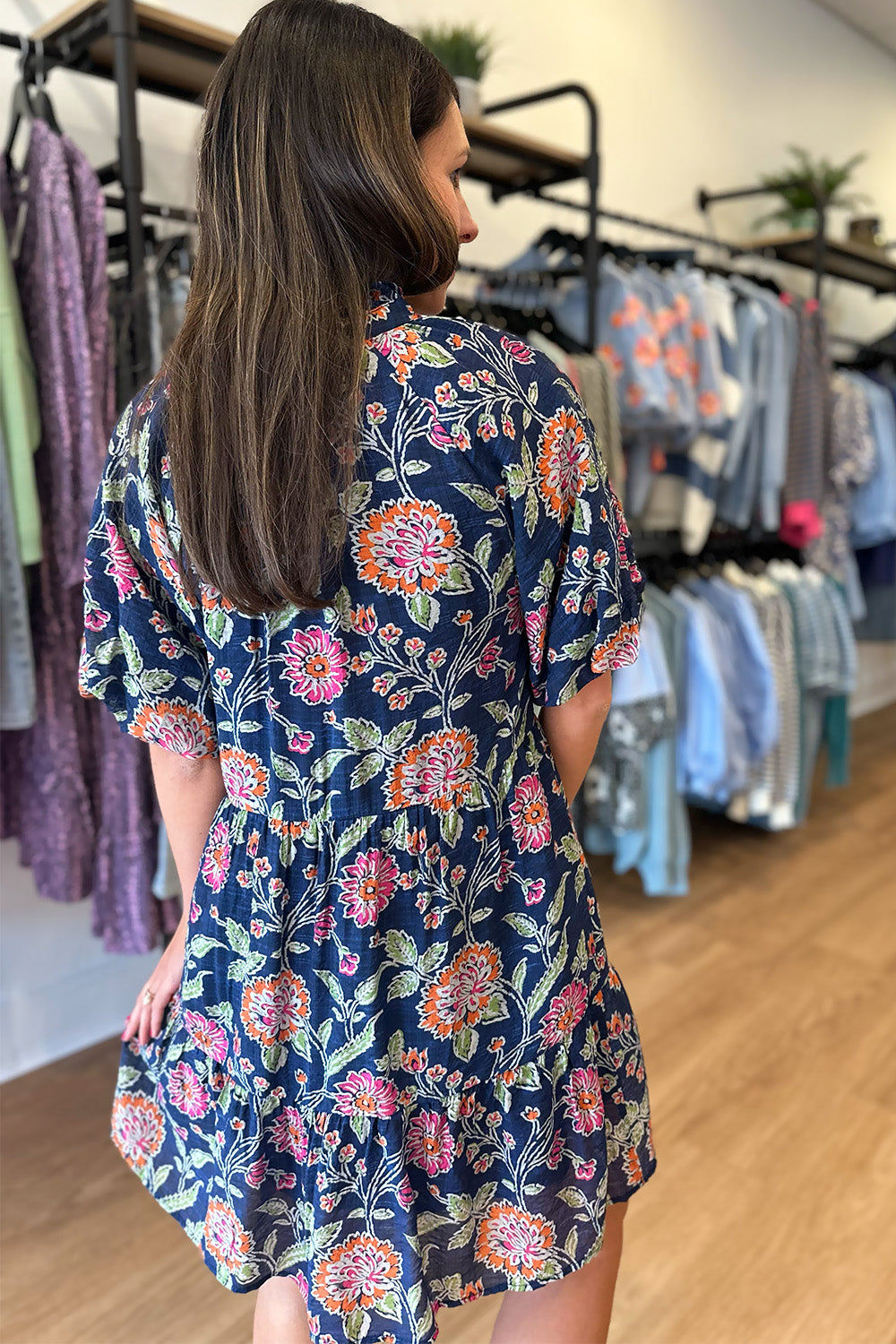 Navy Orange and Pink Floral SS Dress