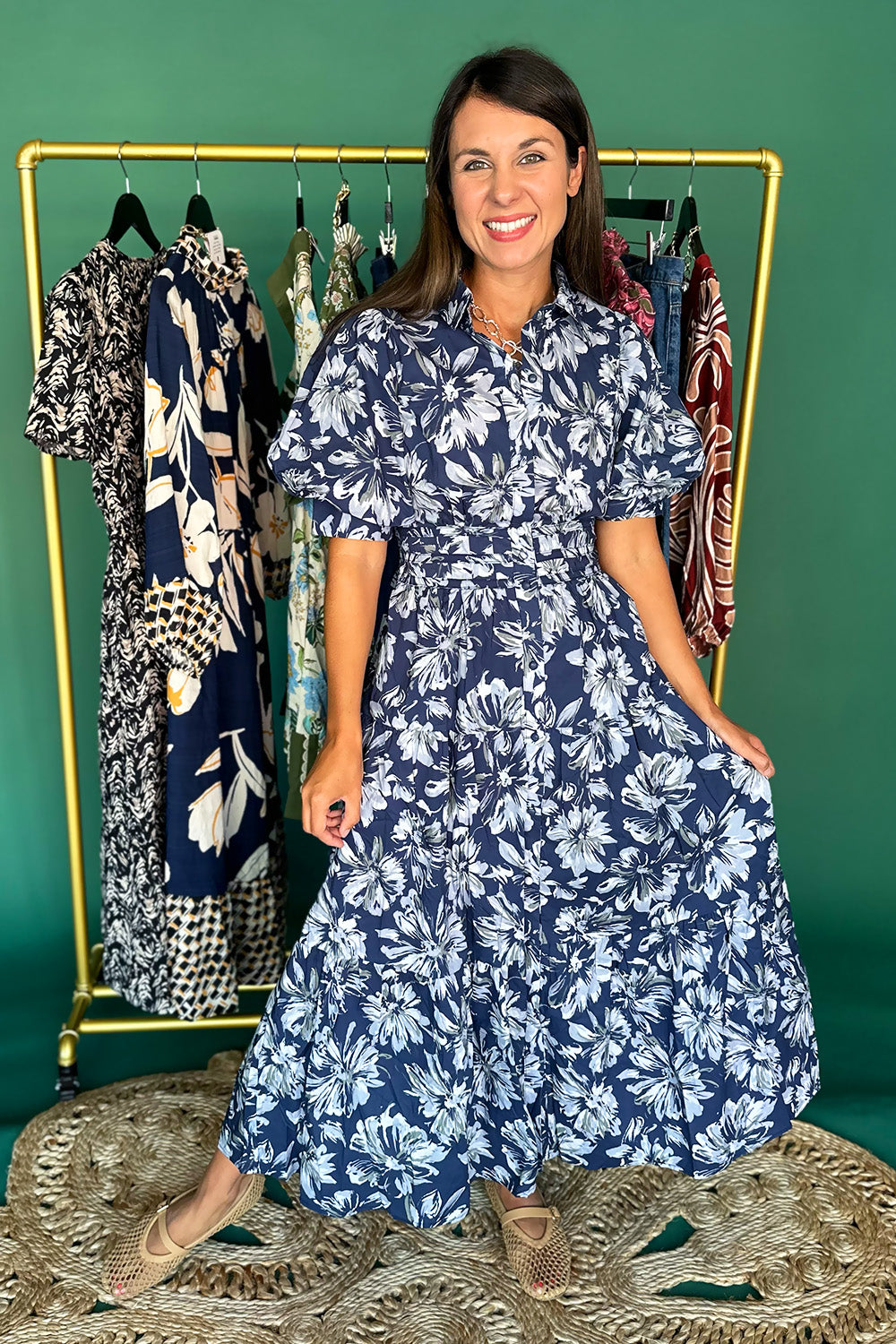 Navy Blue Floral Button Front Midi Dress