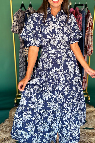 Navy Blue Floral Button Front Midi Dress