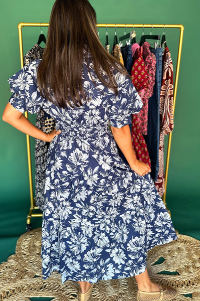 Navy Blue Floral Button Front Midi Dress