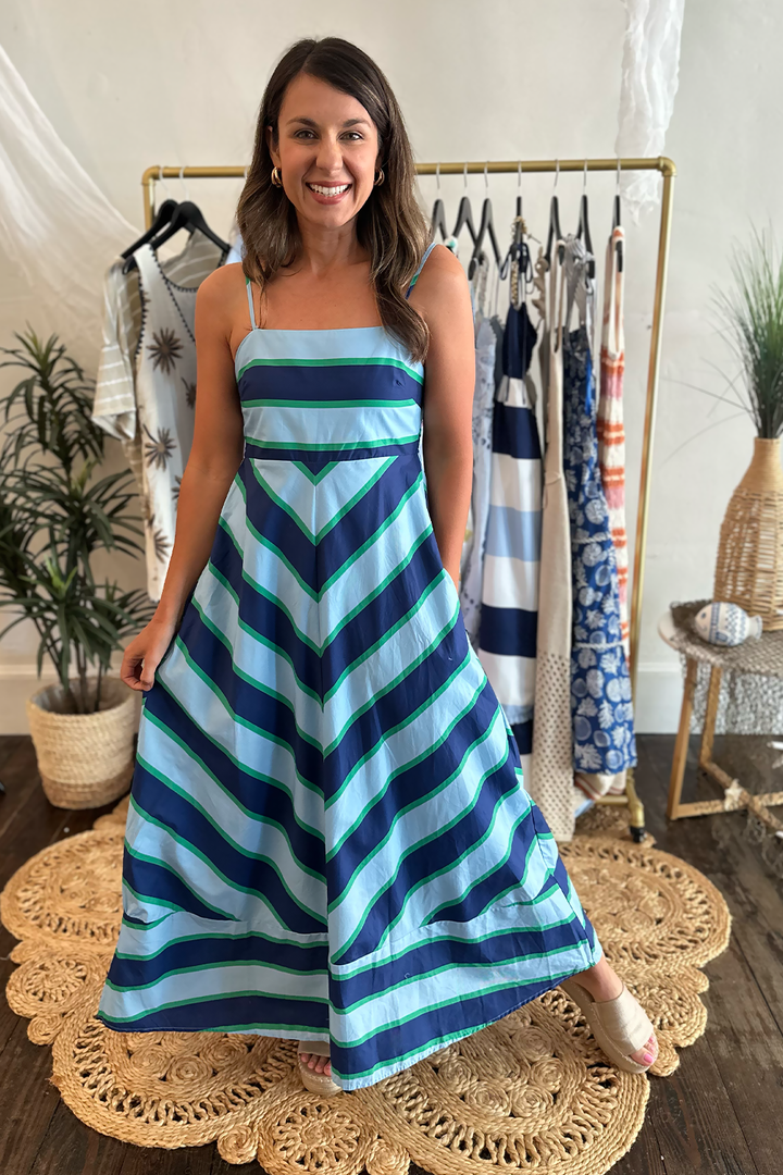 Blue, Navy, and Green Striped Midi Dress – Truly Yours