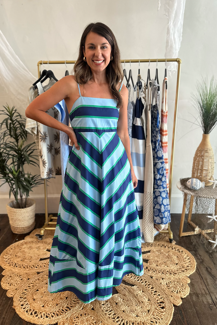 Blue, Navy, and Green Striped Midi Dress – Truly Yours