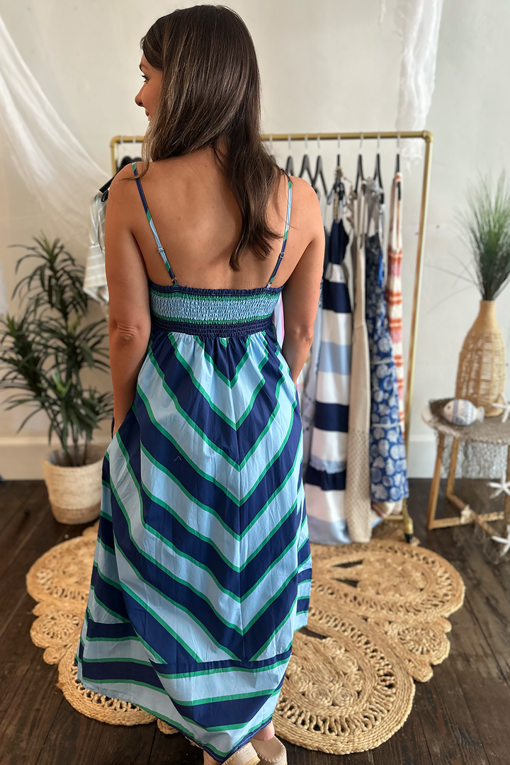 Blue, Navy, and Green Striped Midi Dress  Truly Yours